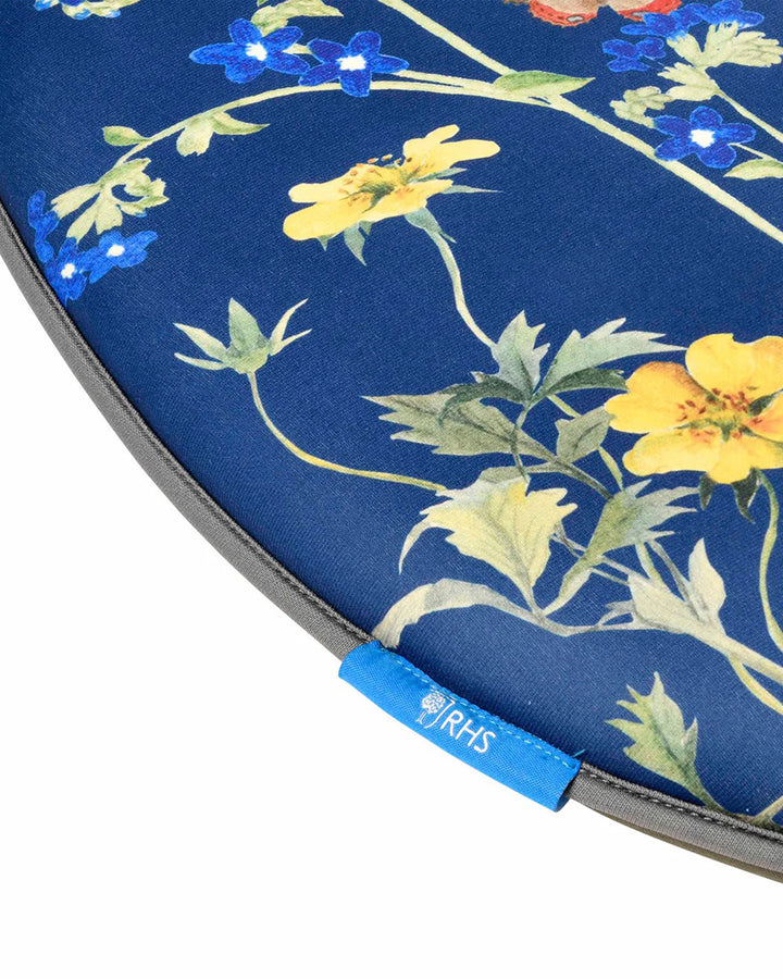 Floral-patterned product with a blue background and RHS logo.