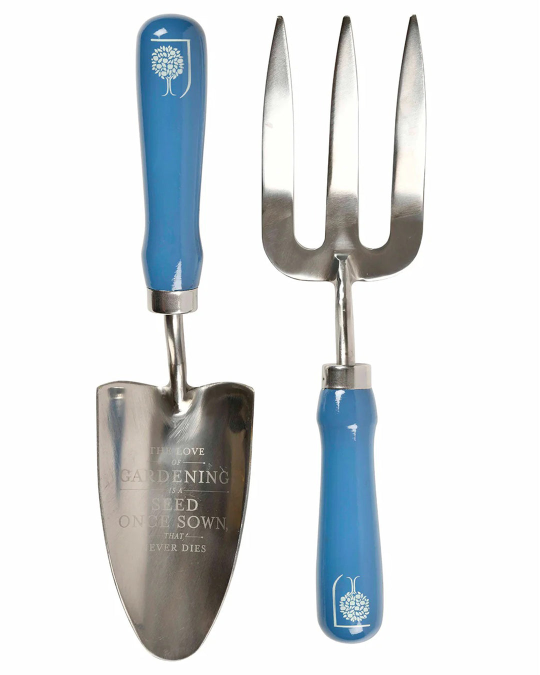 Gardening tools with blue handles on a white background