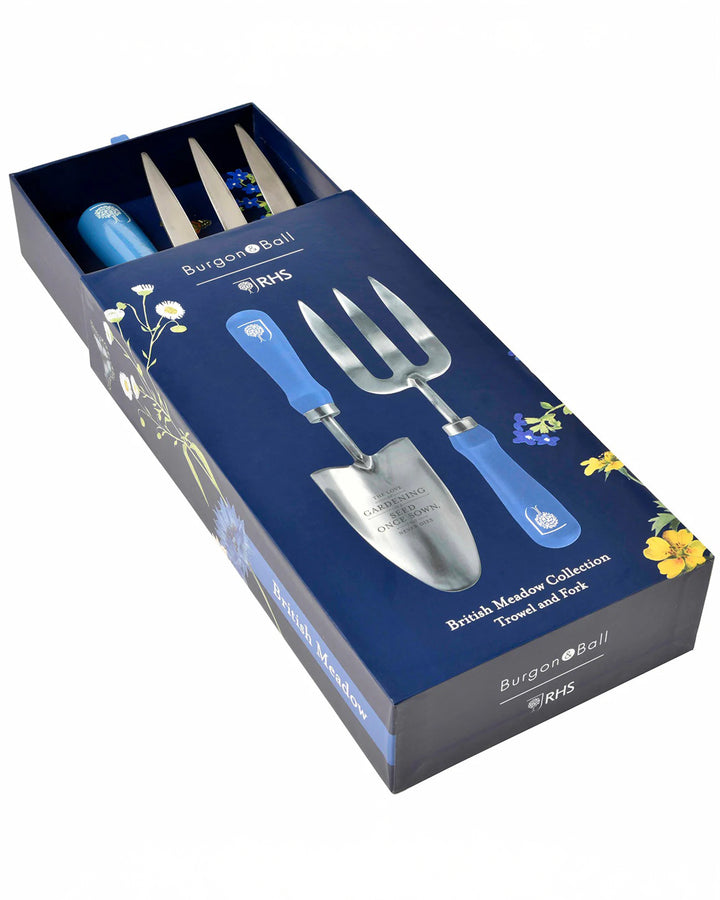 Gardening tool set with trowel and fork in Burgon & Ball packaging on a white background