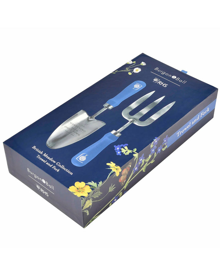 Garden trowel and fork set in Burgon & Ball packaging on a white background