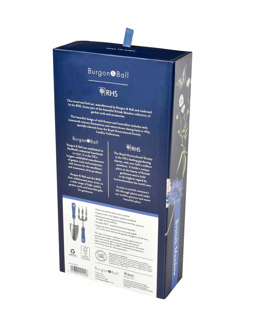 Burgon & Ball gardening tool set packaging with branding and product details.