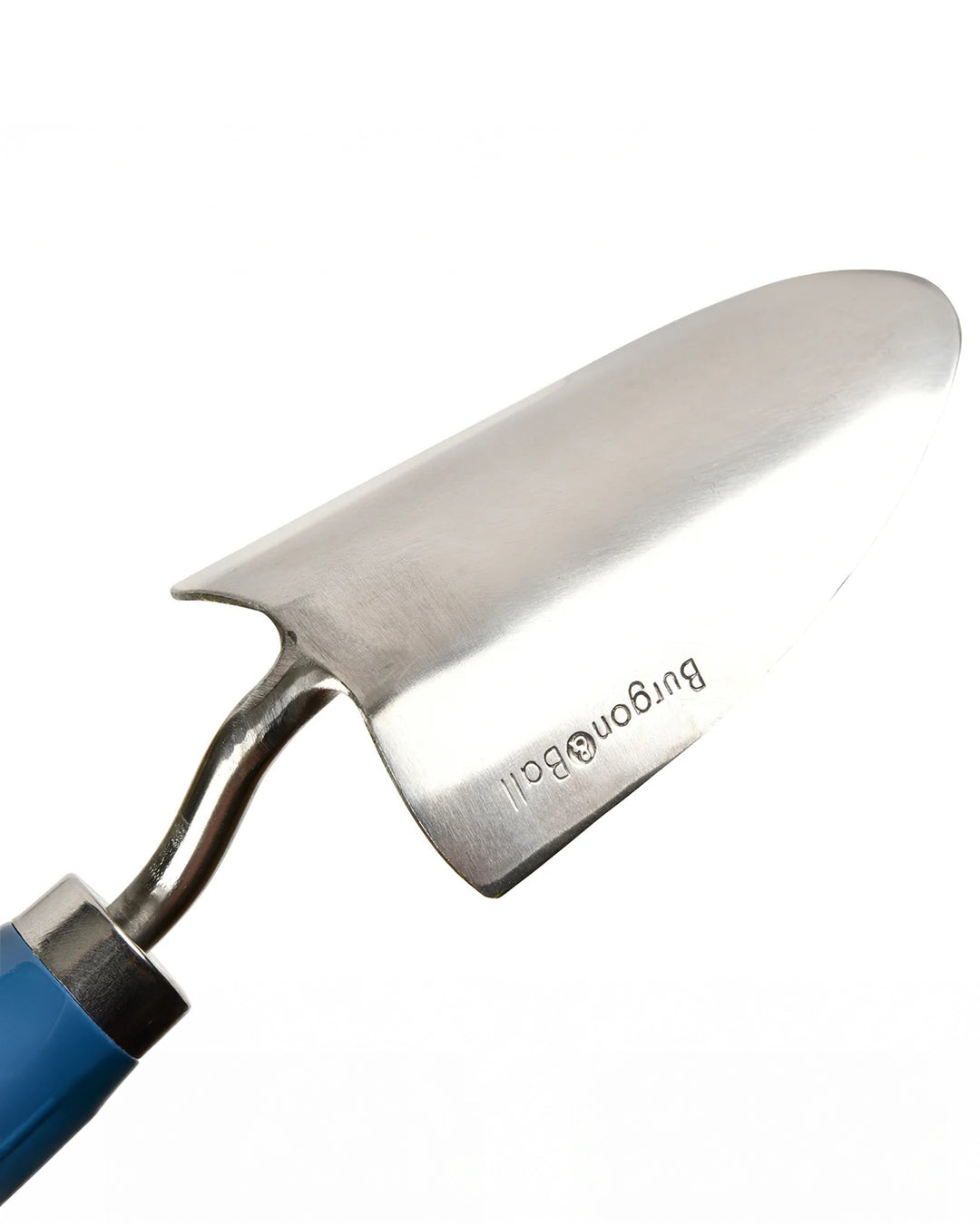 Metal trowel with blue handle on a white background