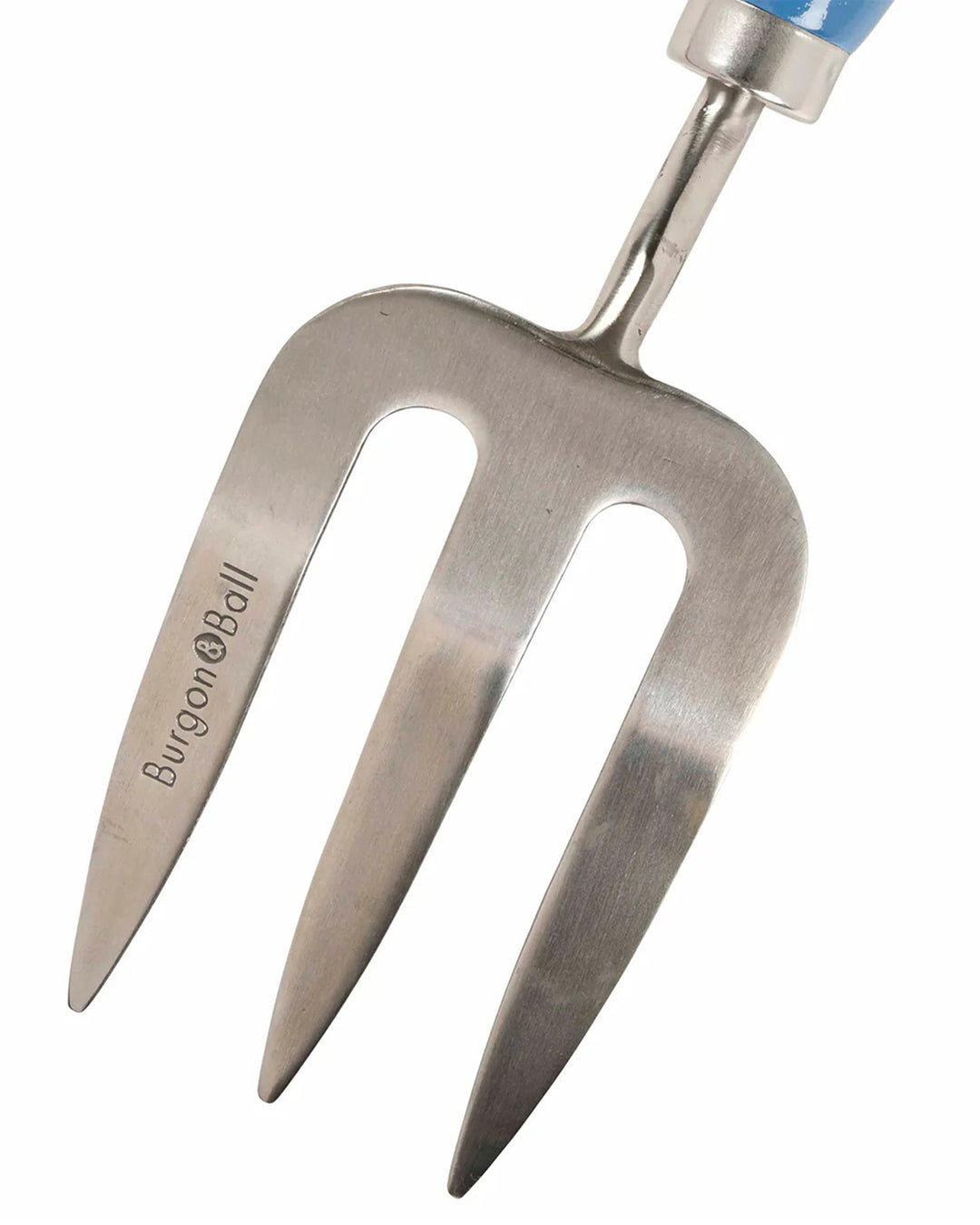 Metal garden fork with Burgon & Ball branding on a white background
