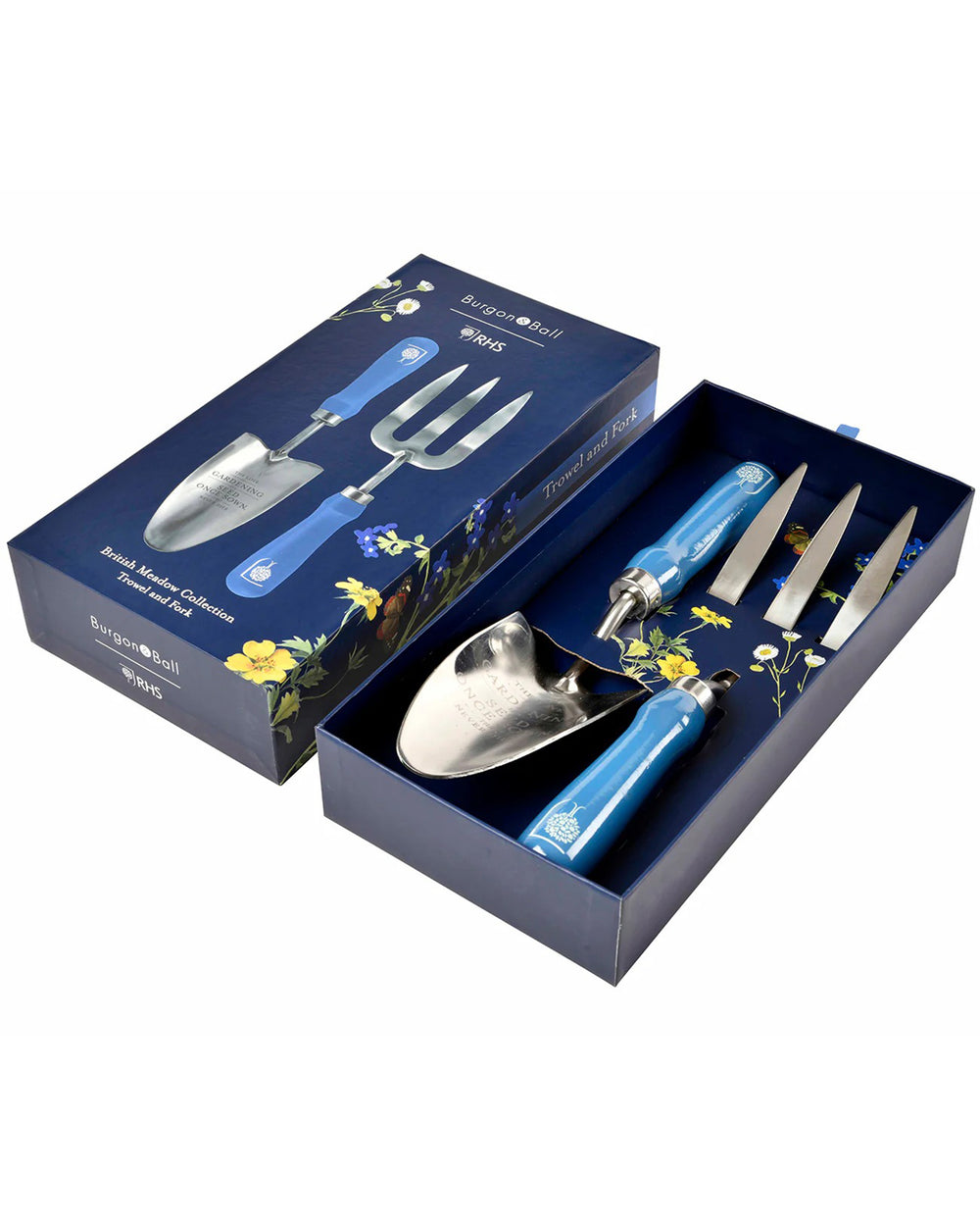 Set of garden tools with blue handles in a decorative box on a white background