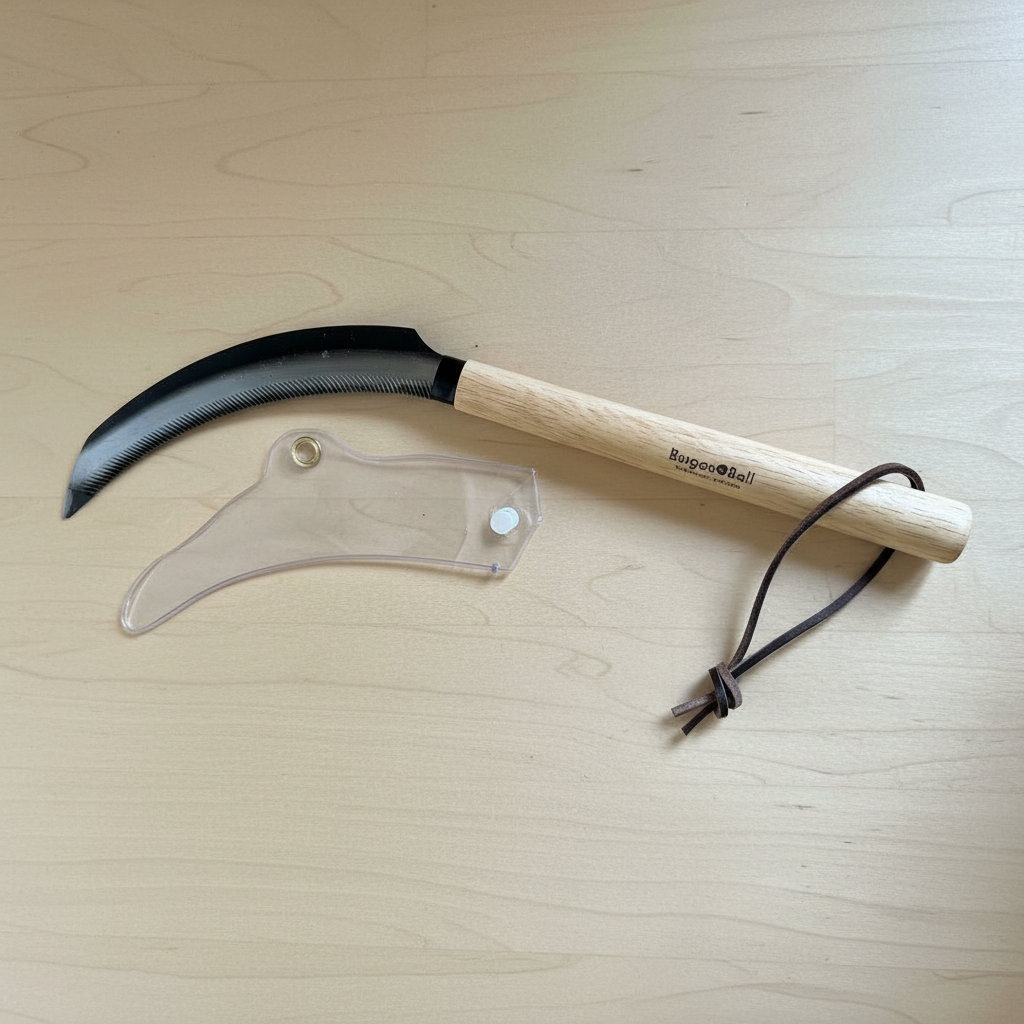 hand sickle with protective sleeve on counter top