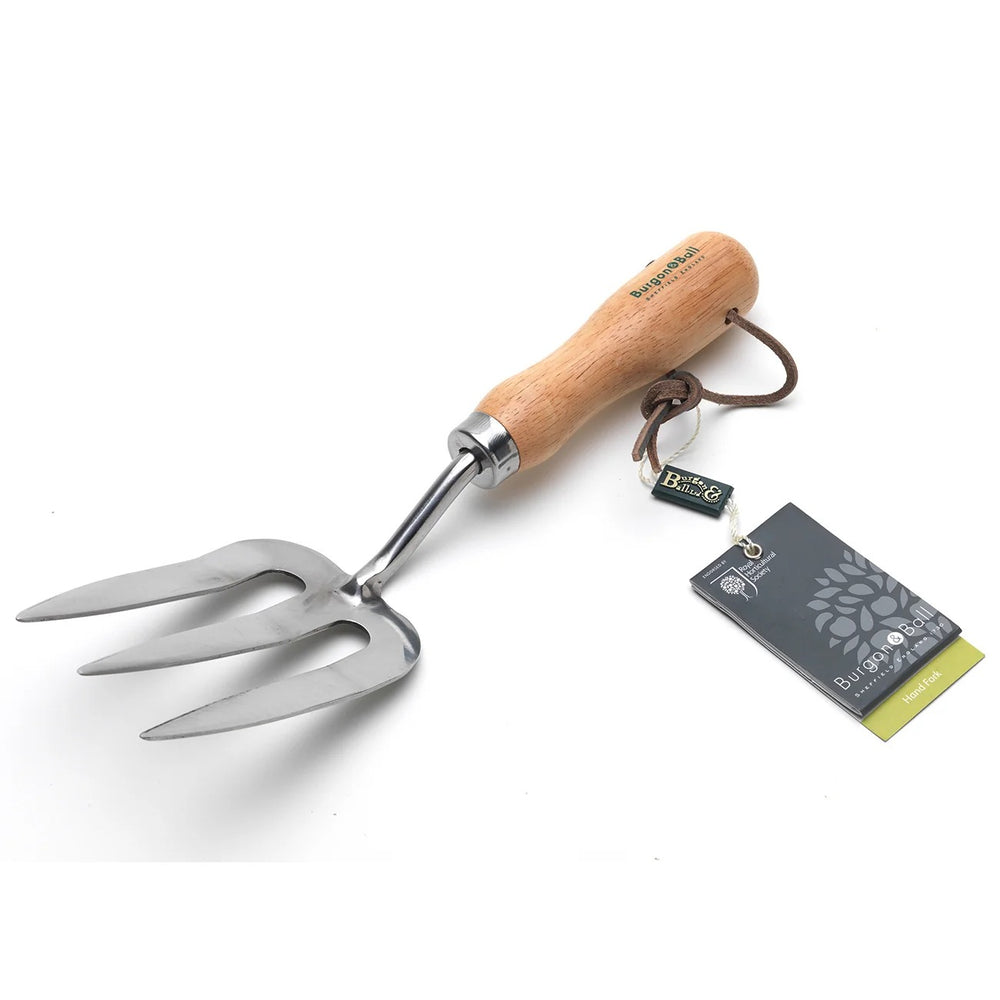 Burgon & Ball RHS Endorsed Stainless Steel Gardening Hand Fork, full length packshot with hardwood handle, leather hanging cord and swing tag