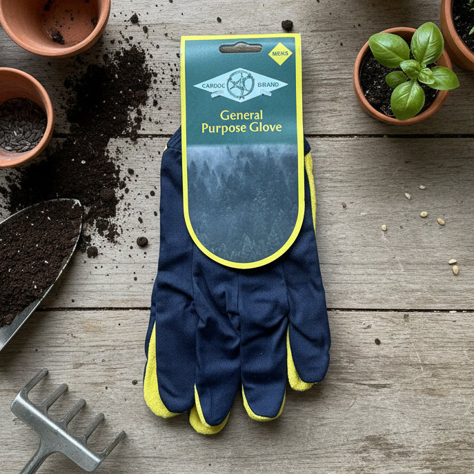 Navy blue cotton backed gardening glove with yellow suede leather palms on a wooden surface with gardening tools and plants.