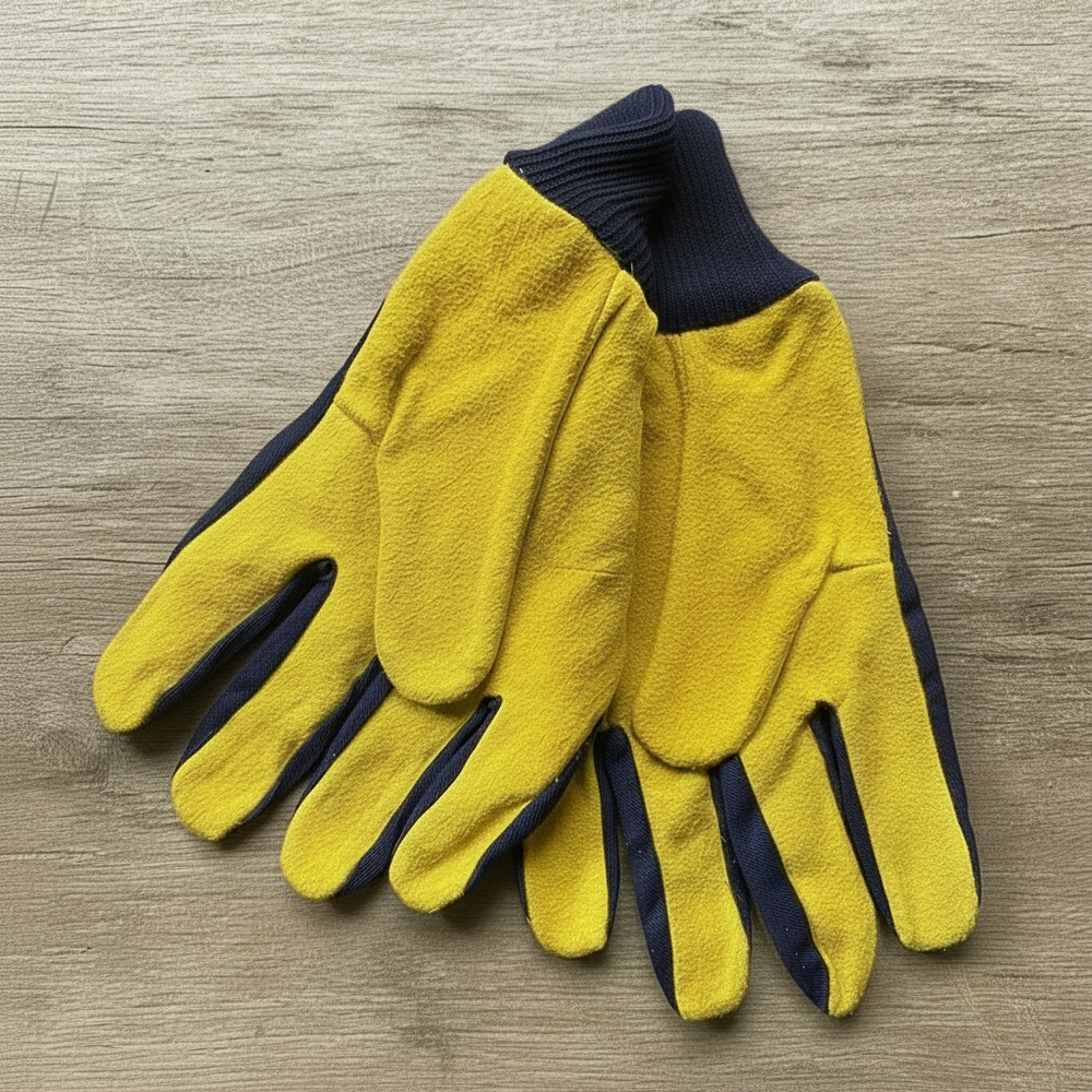Pair of yellow suede leather-palmed gloves with navy cotton cuffs and backs on a wooden surface