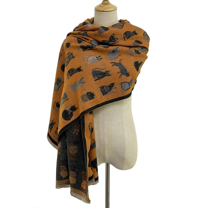 Cat Print Reversible Frayed Orange &amp; Grey Scarf - SKRF