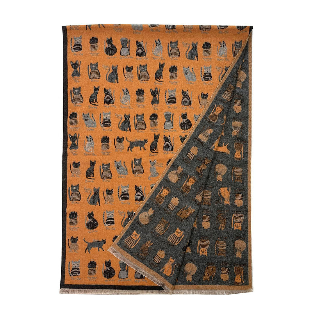 Cat Print Reversible Frayed Orange &amp; Grey Scarf - SKRF