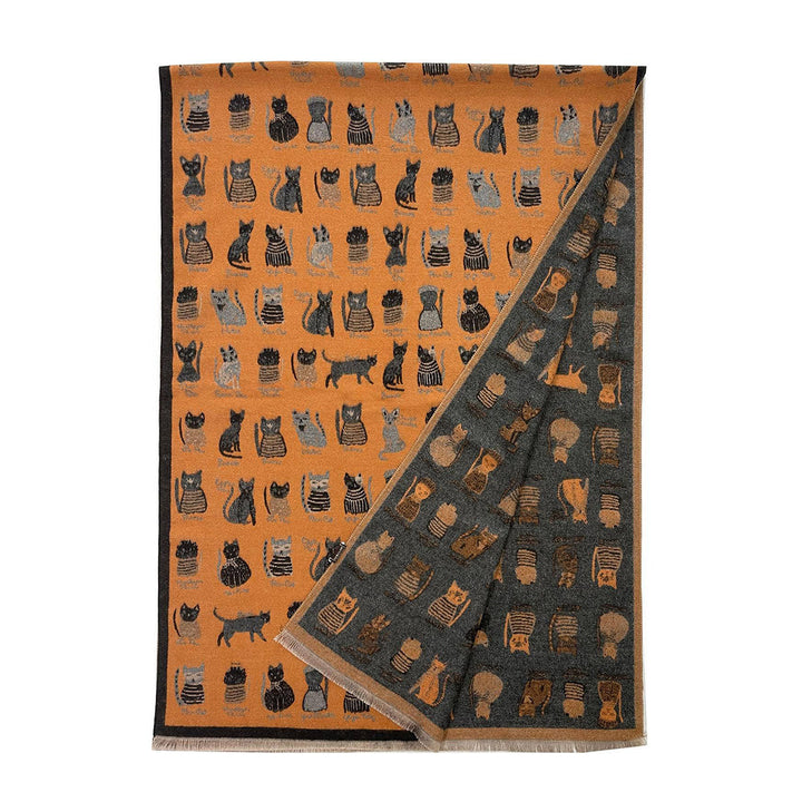 Cat Print Reversible Frayed Orange &amp; Grey Scarf - SKRF