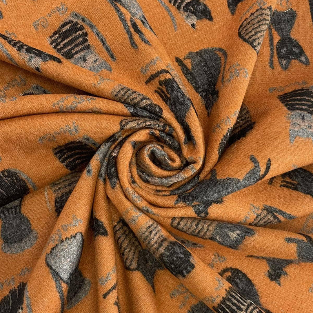 Cat Print Reversible Frayed Orange &amp; Grey Scarf - SKRF
