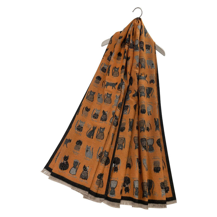 Cat Print Reversible Frayed Orange &amp; Grey Scarf - SKRF