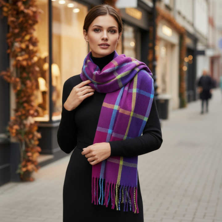 Check Scarf With Tassels Purple