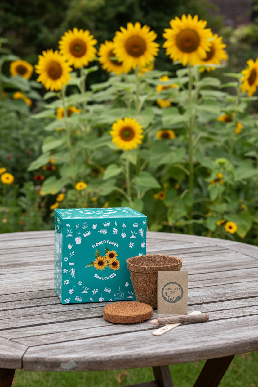 Gardening kit including sunflower seeds, label and twig pencil with compressed coir compost disc and coir fibre pot