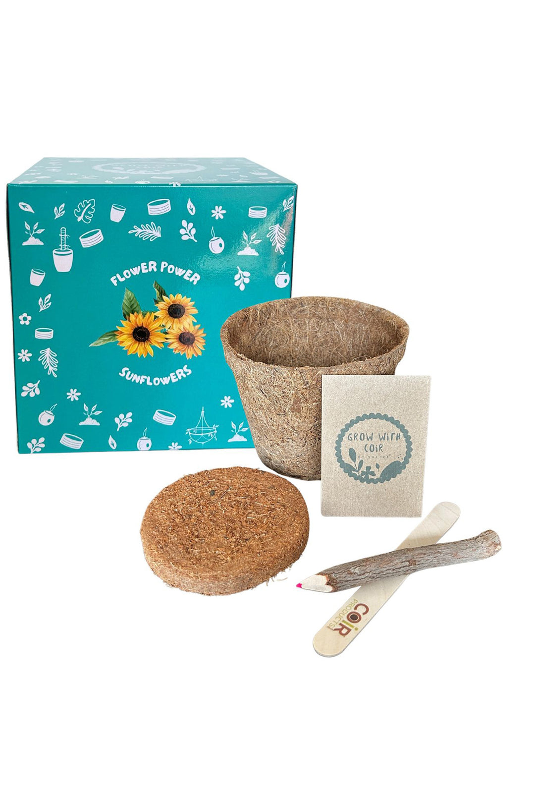 Gardening kit including sunflower seeds, label and twig pencil with compressed coir compost disc and coir fibre pot