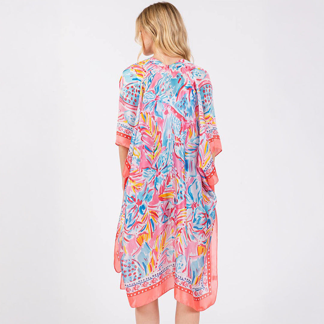 Coral Floral Flower Pattern Silky Feel Summer Kimono Coverup - SKRF