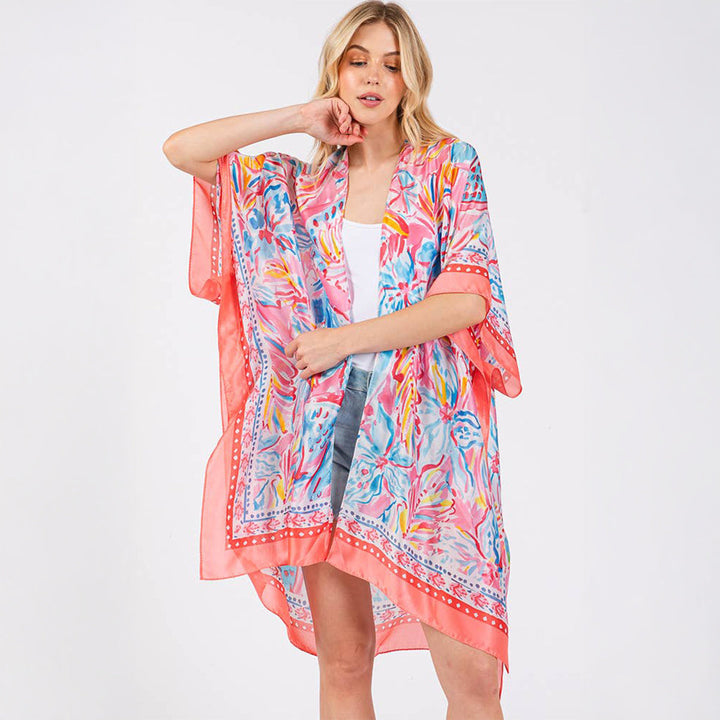 Coral Floral Flower Pattern Silky Feel Summer Kimono Coverup - SKRF