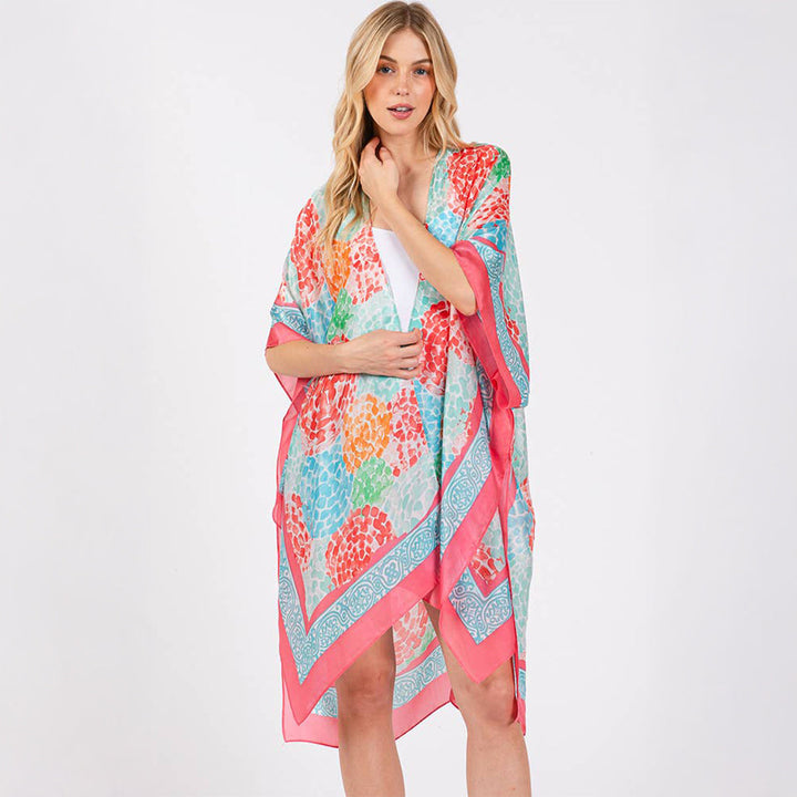 Coral Multicolour Abstract Circle Print Silky Feel Kimono Coverup - SKRF