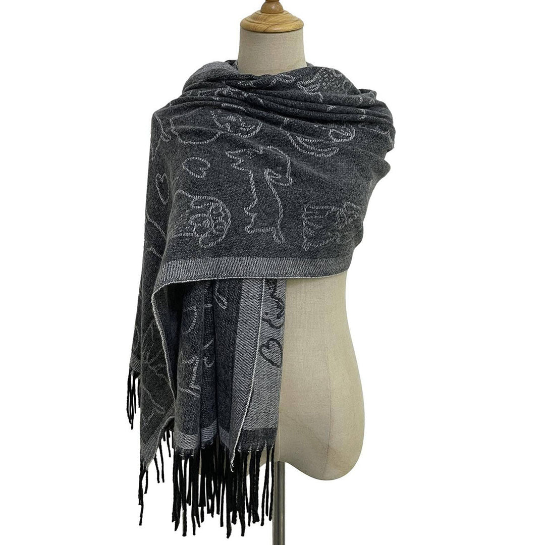 Cute Dog &amp; Love Heart Reversible Print Charcoal Grey Tassel Scarf - SKRF