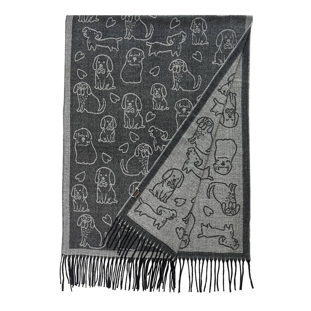 Cute Dog &amp; Love Heart Reversible Print Charcoal Grey Tassel Scarf - SKRF