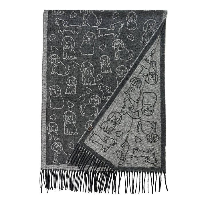 Cute Dog &amp; Love Heart Reversible Print Charcoal Grey Tassel Scarf - SKRF