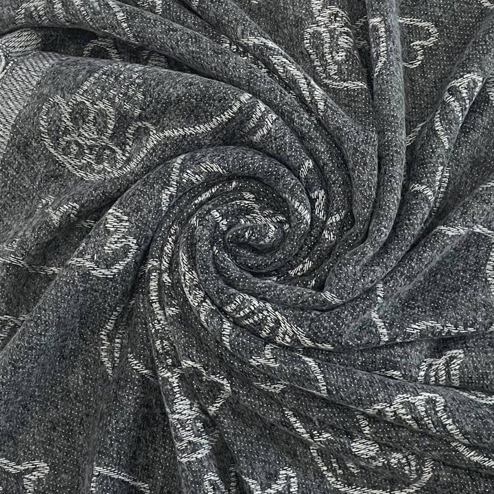 Cute Dog &amp; Love Heart Reversible Print Charcoal Grey Tassel Scarf - SKRF
