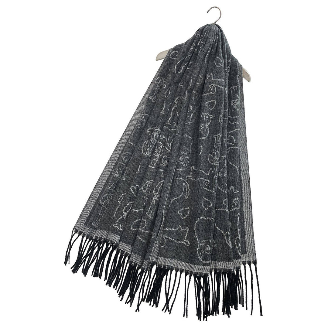 Cute Dog &amp; Love Heart Reversible Print Charcoal Grey Tassel Scarf - SKRF