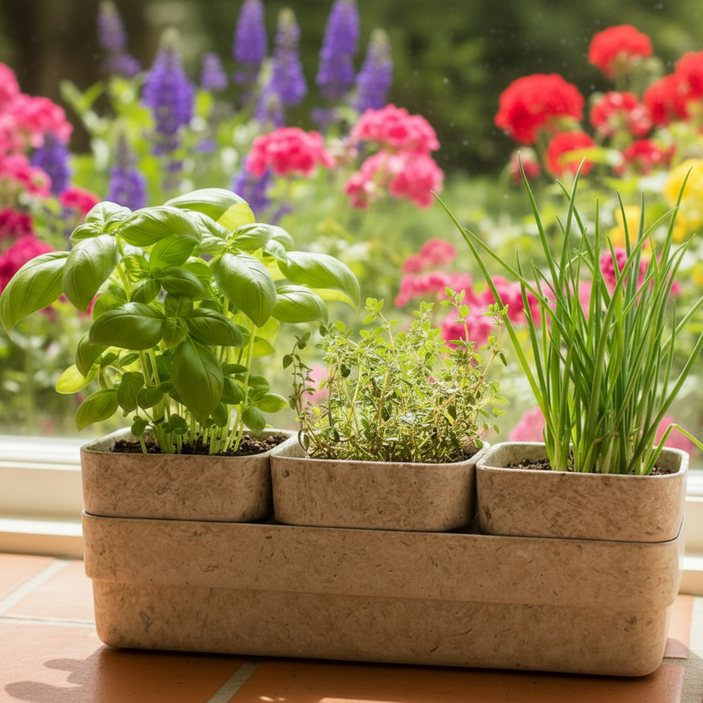 Three pot planter with herbs on a kitchen windowsill