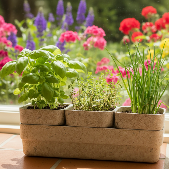 Three pot planter with herbs on a kitchen windowsill
