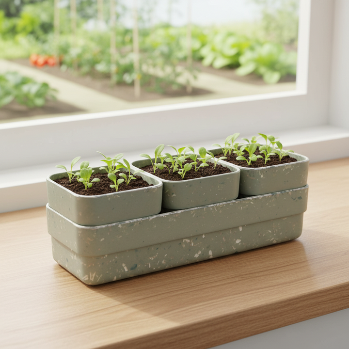 Earthy Recycled Bamboo Fibre Green Trio Windowsill Pots