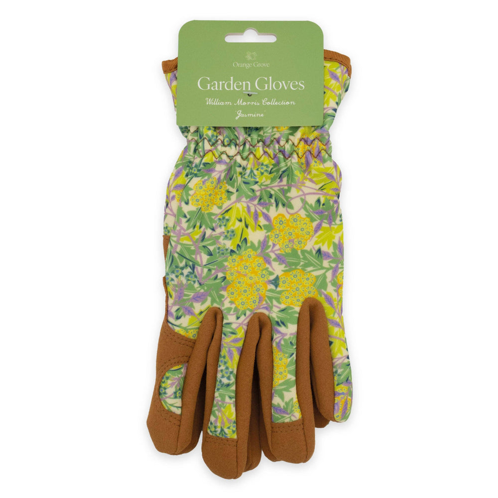 Floral-patterned gardening gloves on a white background