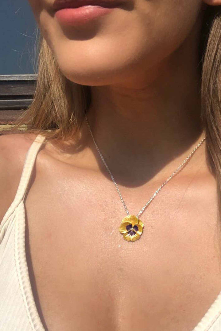 Alexander Thurlow Yellow Enamelled Pansy Flower Silver Plated Pendant Necklace