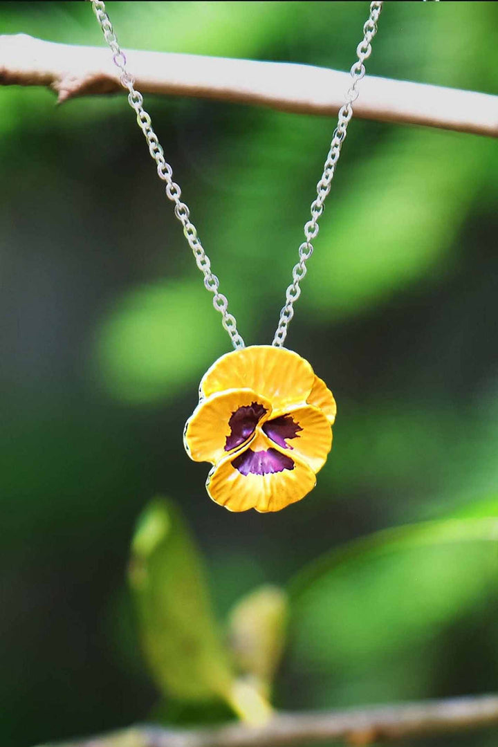 Alexander Thurlow Yellow Enamelled Pansy Flower Silver Plated Pendant Necklace