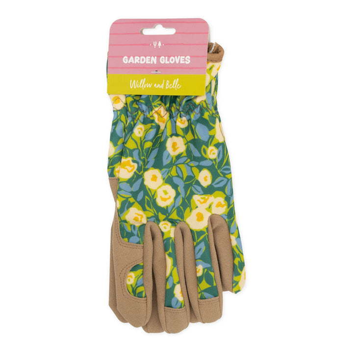 Willow and Belle Abstract Floral Design Green Yellow Women's One Size Gardening Gloves