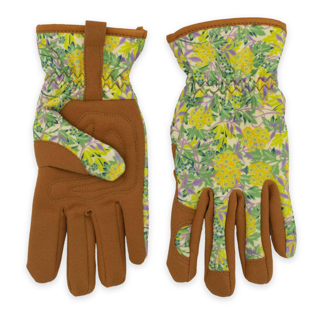 Pair of gardening gloves with floral pattern on a white background