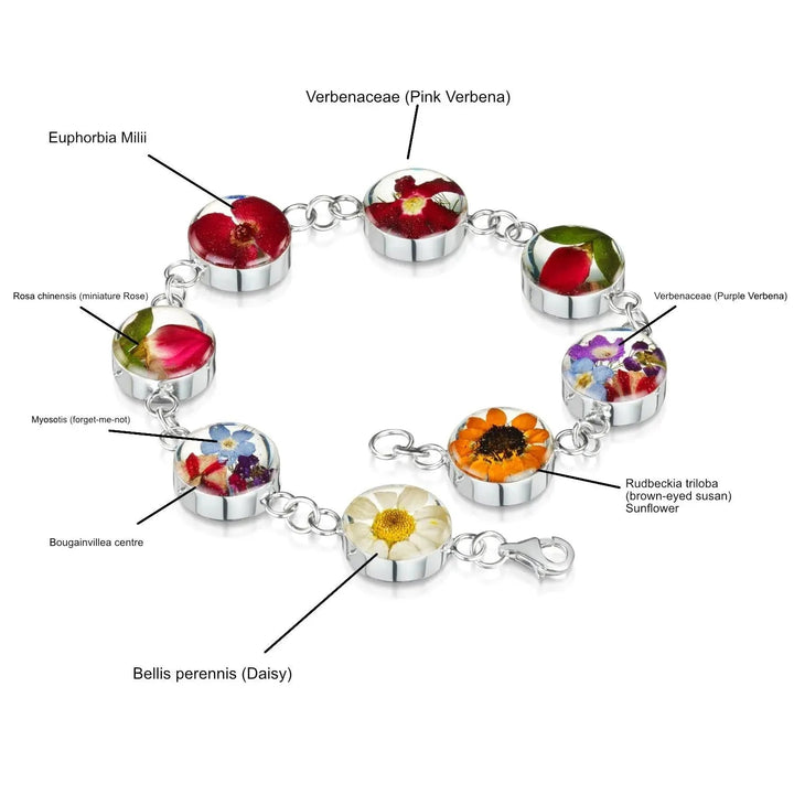 Shrieking Violet Real Flowers Round Link Sterling Silver Bracelet