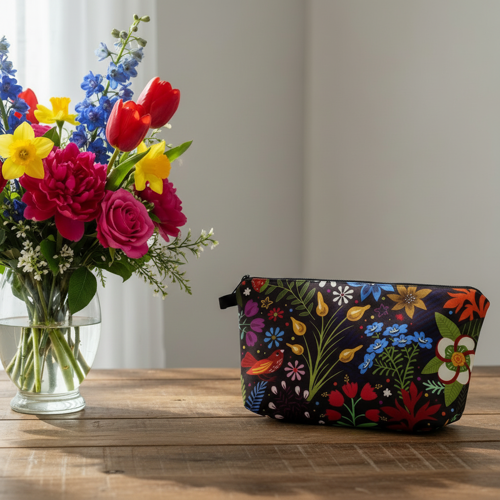 Black Flower & Bird Print Zip Cosmetic Makeup Bag NV112501