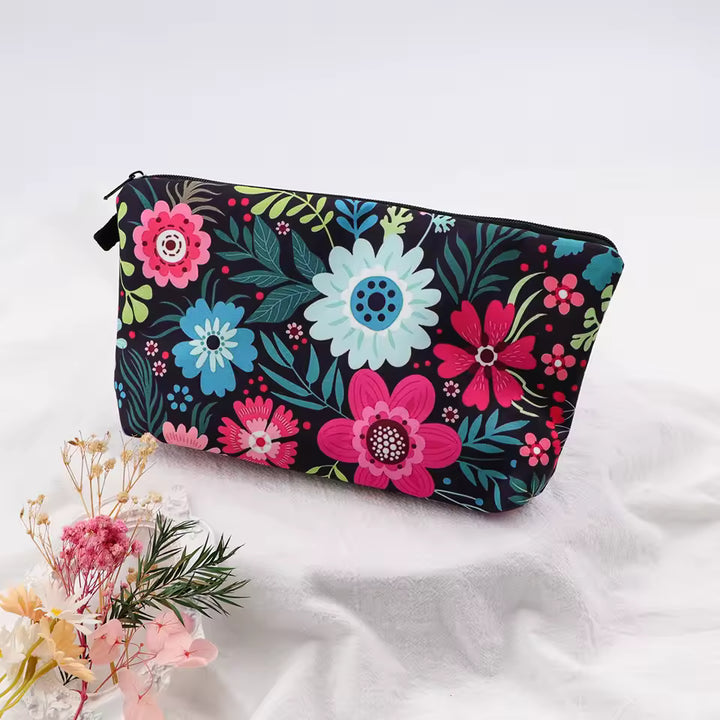 Black Bright Flower Print Zip Cosmetic Makeup Bag NV112502