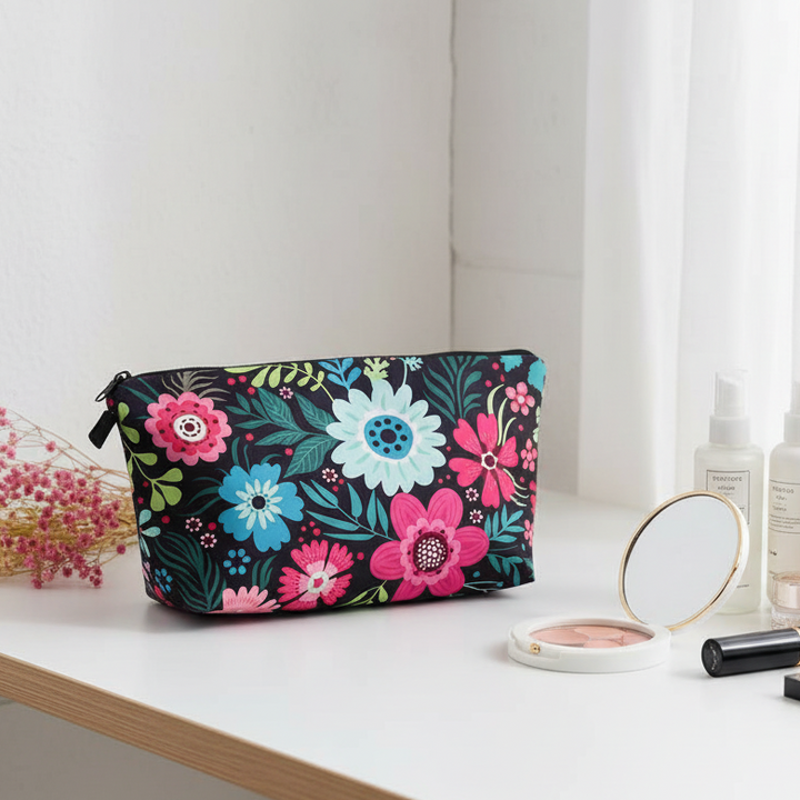 Black Bright Flower Print Zip Cosmetic Makeup Bag NV112502