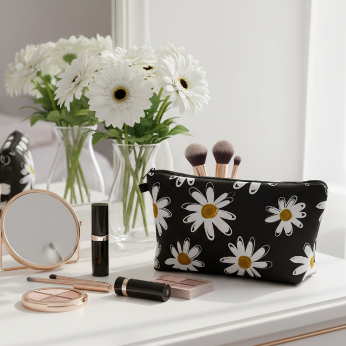 Black Flower Print Zip Cosmetic Makeup Bag NV112504