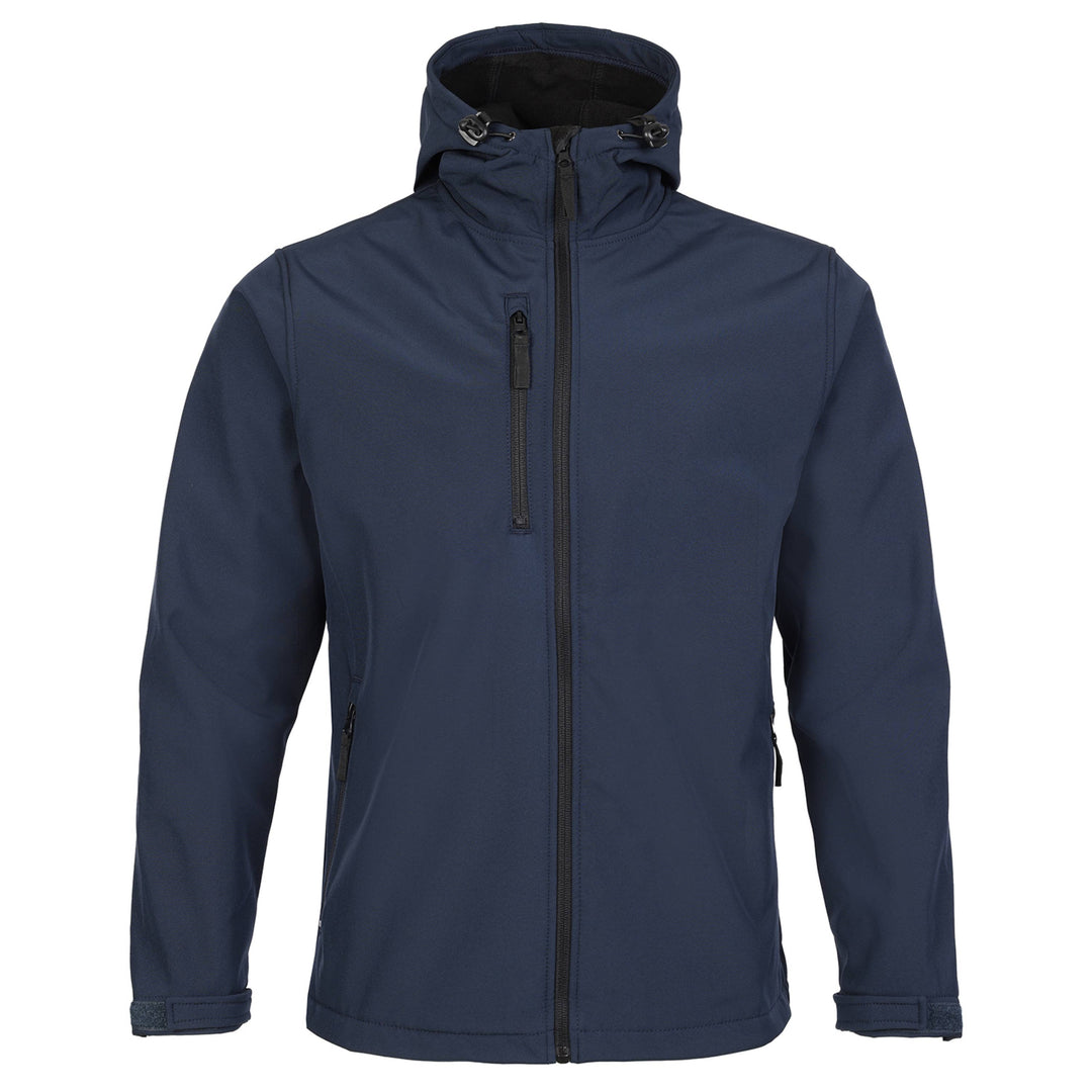 Navy blue jacket with a hood on a white background
