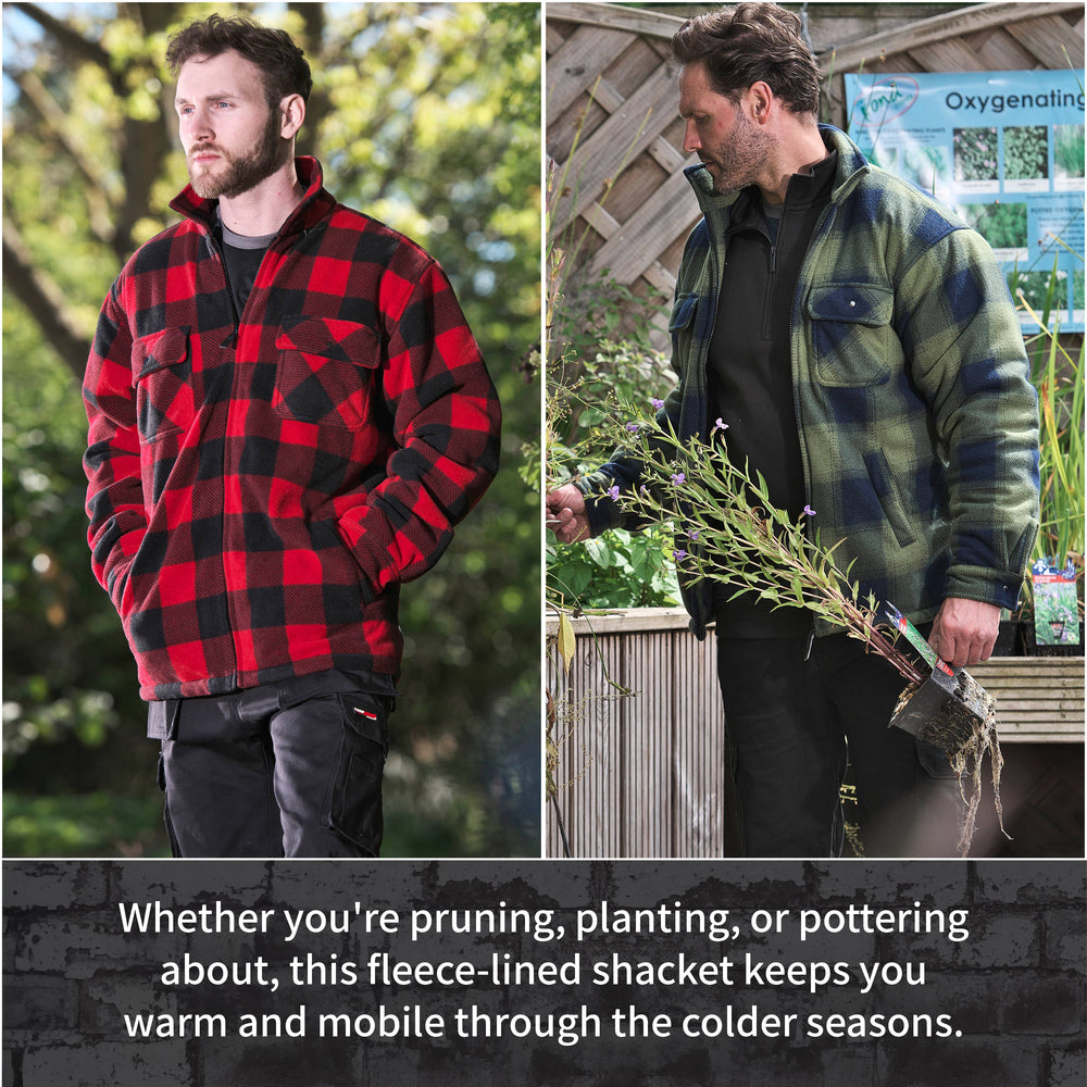 Two men wearing fleece-lined jackets outdoors with text about the jackets' warmth and mobility.