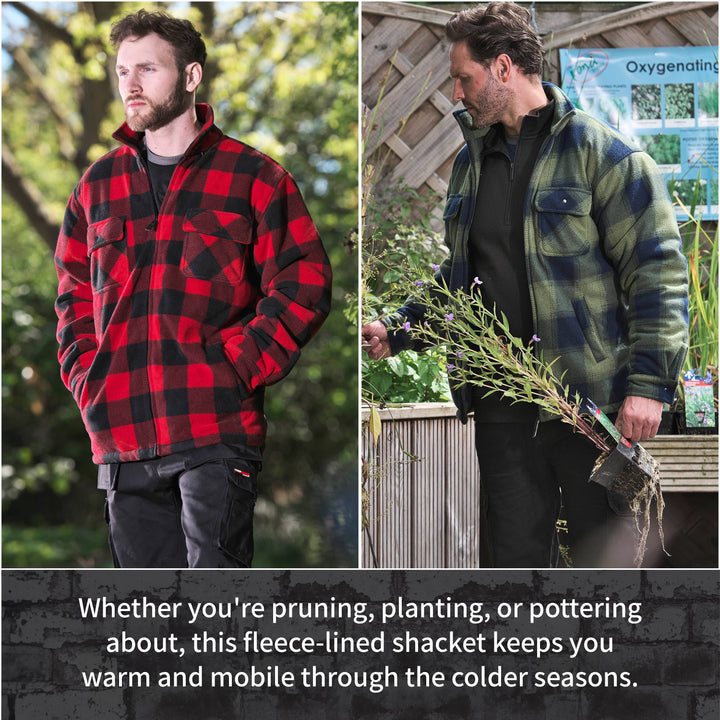 Two men wearing fleece-lined jackets outdoors with text about the jackets' warmth and mobility.