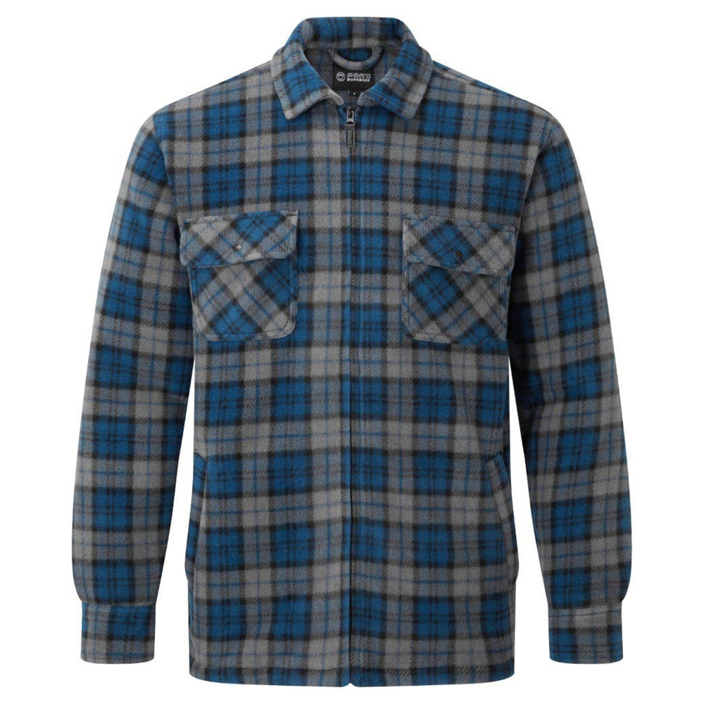 Plaid shirt with blue and gray pattern on a white background