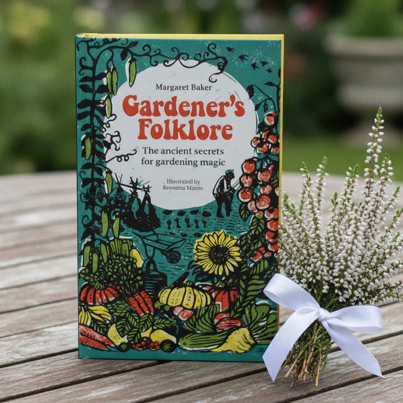 Gardener's Folklore book on a bench top
