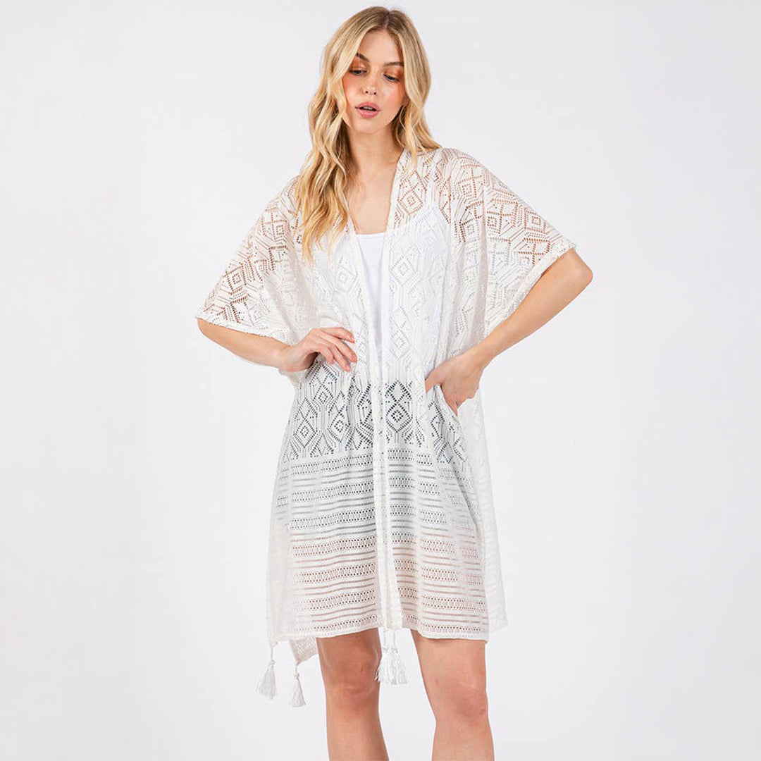 Geometric Pattern Cover Up With Tassels White - SKRF