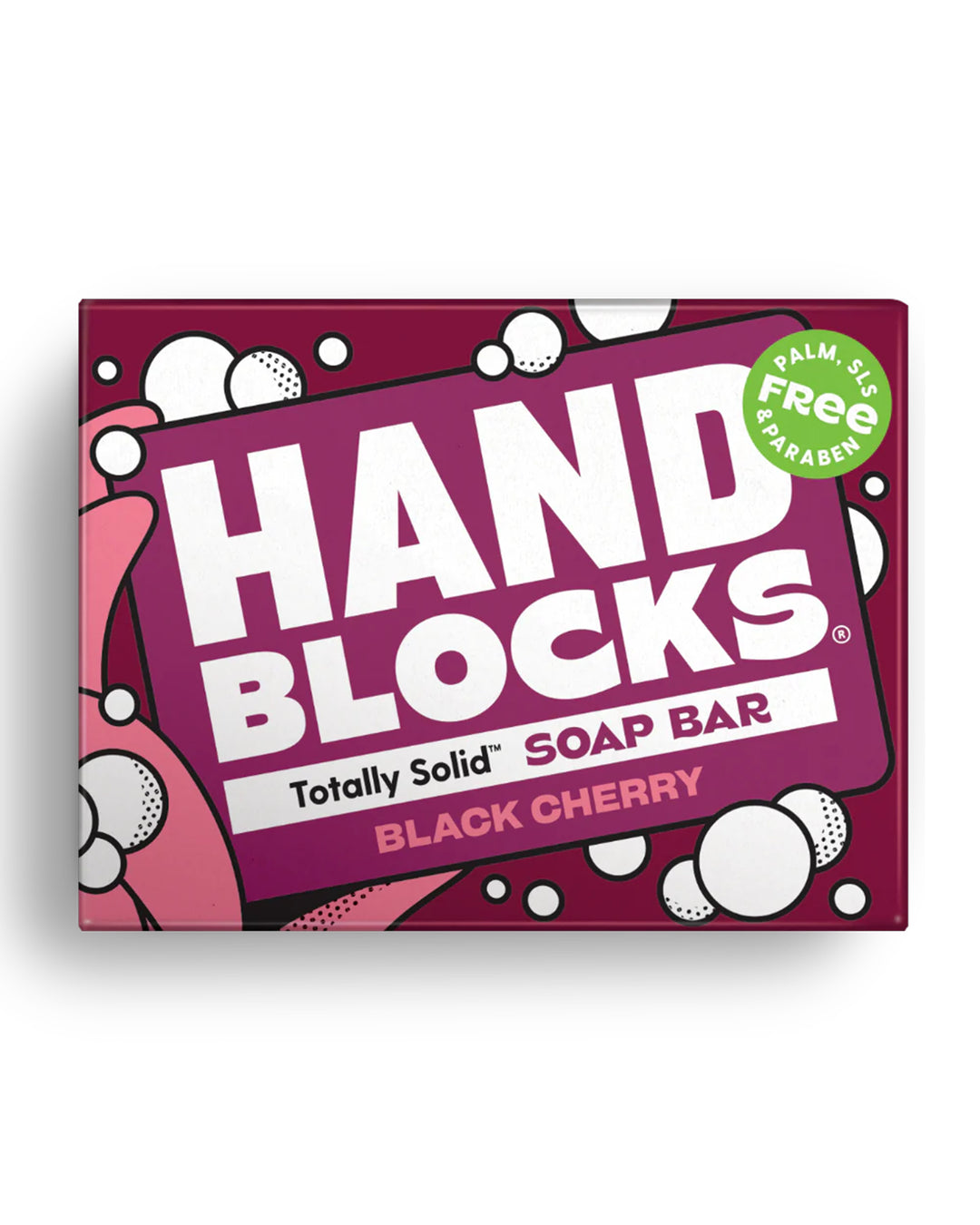 Hand Blocks soap bar packaging with black cherry flavor on a white background