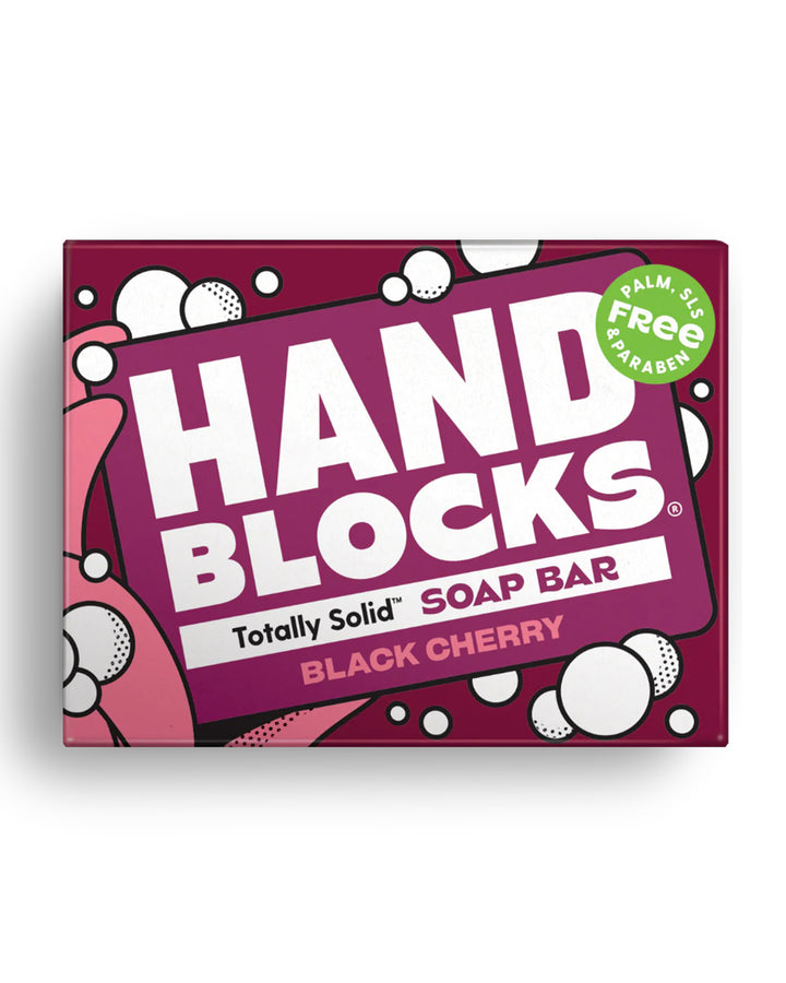 Hand Blocks soap bar packaging with black cherry flavor on a white background