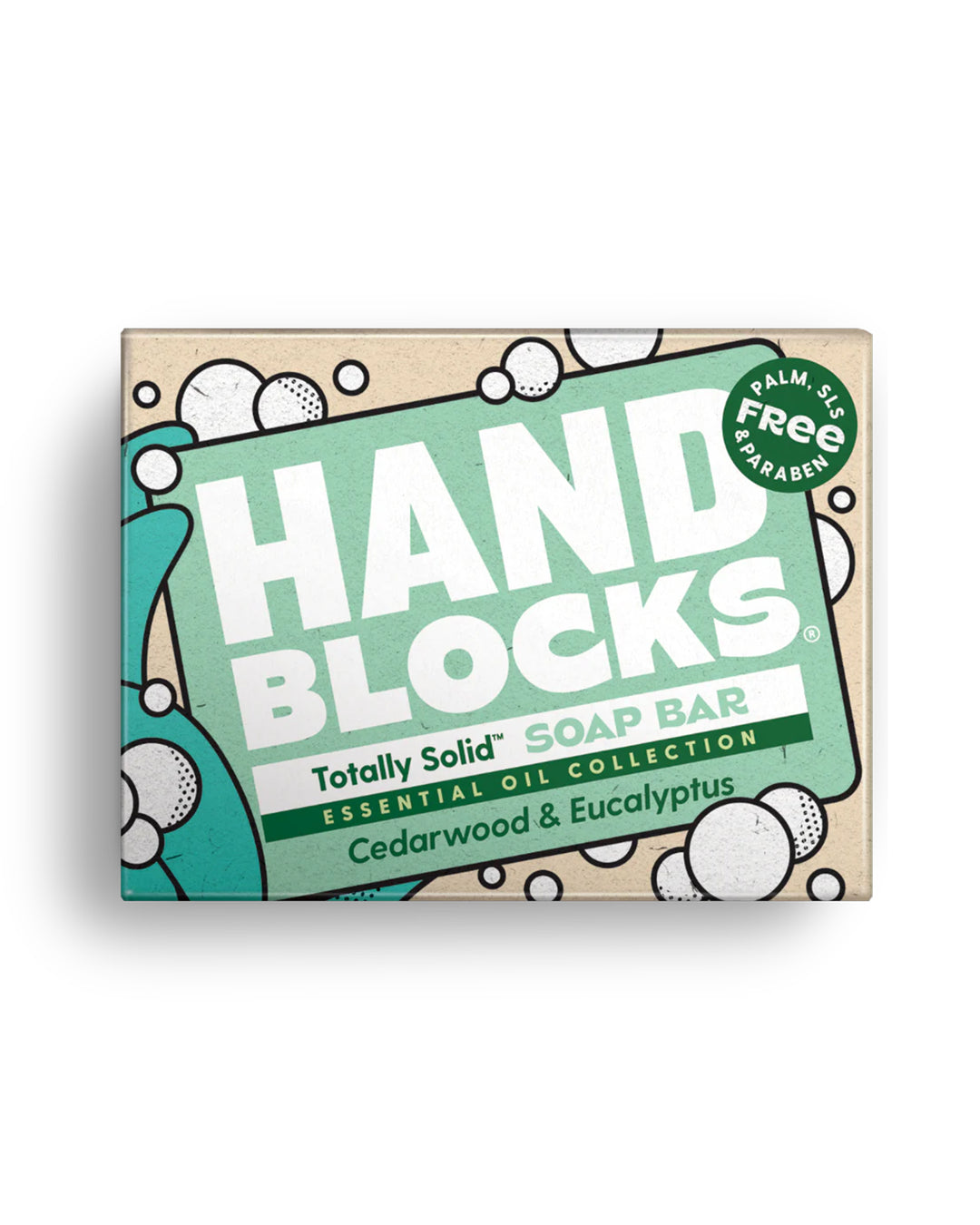Hand Blocks soap bar packaging with green label on a white background